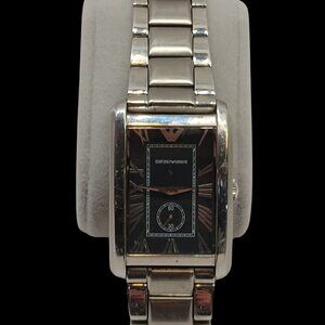 Emporio Armani Ar-1608 Watch Quartz Silver Tone Roman Black Dial Rectangular